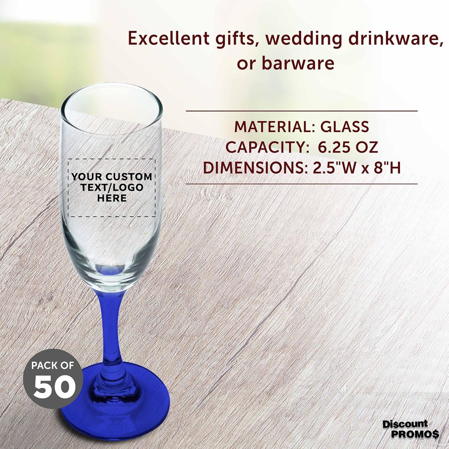 DISCOUNT PROMOS Custom Premiere Champagne Flutes 6.25 oz. Set of 50, Personalized Bulk Pack - Elegant Drinkware for Weddings, Events, & Promotional Gifts - Blue