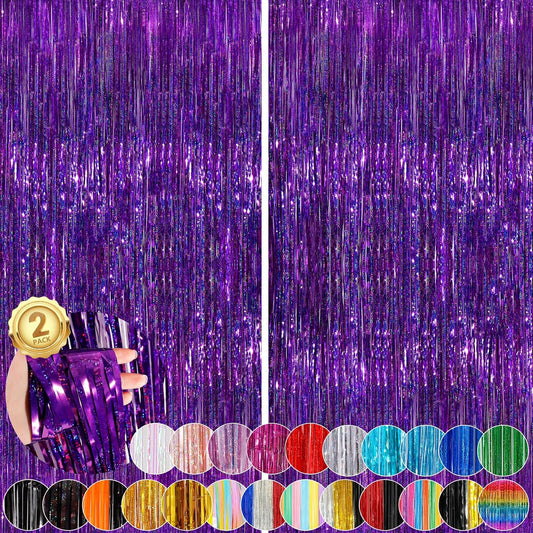 2 Pack Purple Metallic Tinsel Foil Fringe Curtains, Purple Streamers 3.3 x 8.3ft Party Streamers for Birthday Party Decorations, Foil Curtain Backdrop for Wedding Bachelorette Party, Halloween Decor
