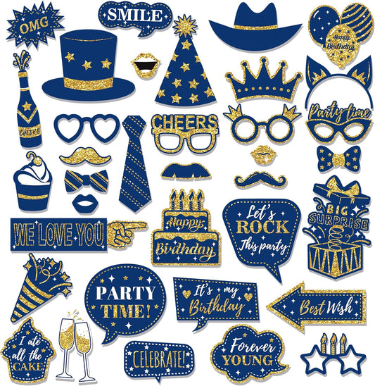 36 PCS Photo Booth Props Party Supplies Holiday Picture Decorations Blue Paper Photo Props for Birthday Party Favors Pose Sign Kit Fun