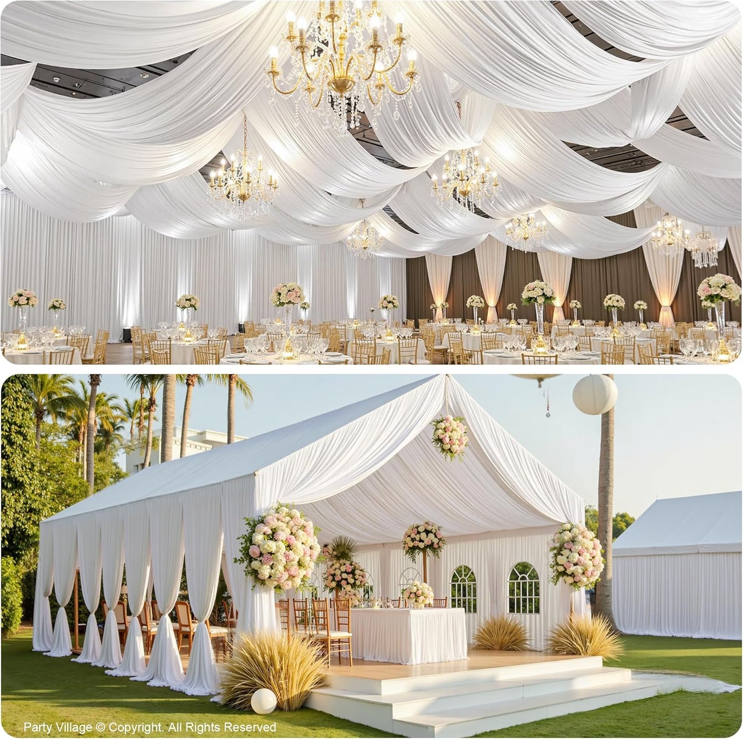 PartyVillage 12 Panels 5ftx30ft White Ceiling Drapes for Wedding Parties – 30 FT Extra Long Thick Polyester Wrinkle-Free Drapery Tent Decor Decorations for Birthday Party Ceremony Stage Swag