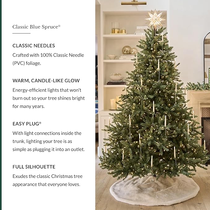 Balsam Hill 6.5ft Pre-Lit Classic Blue Spruce - Artificial Christmas Tree with 2,144+ Tips, 700 Clear LED Lights, Easy Plug Technology & Premium Stand for Indoor Holiday Decorating
