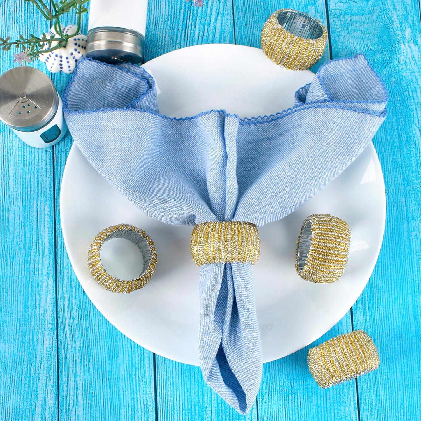 Decorative Beaded Napkin Rings Set of 12 - Rhinestone Serviette Holder for Table Décor, Christmas, Thanksgiving, Weddings, Parties, Artisan Festive Luxury Dining Napkin Holders (Yellow) - CLEENTABLE