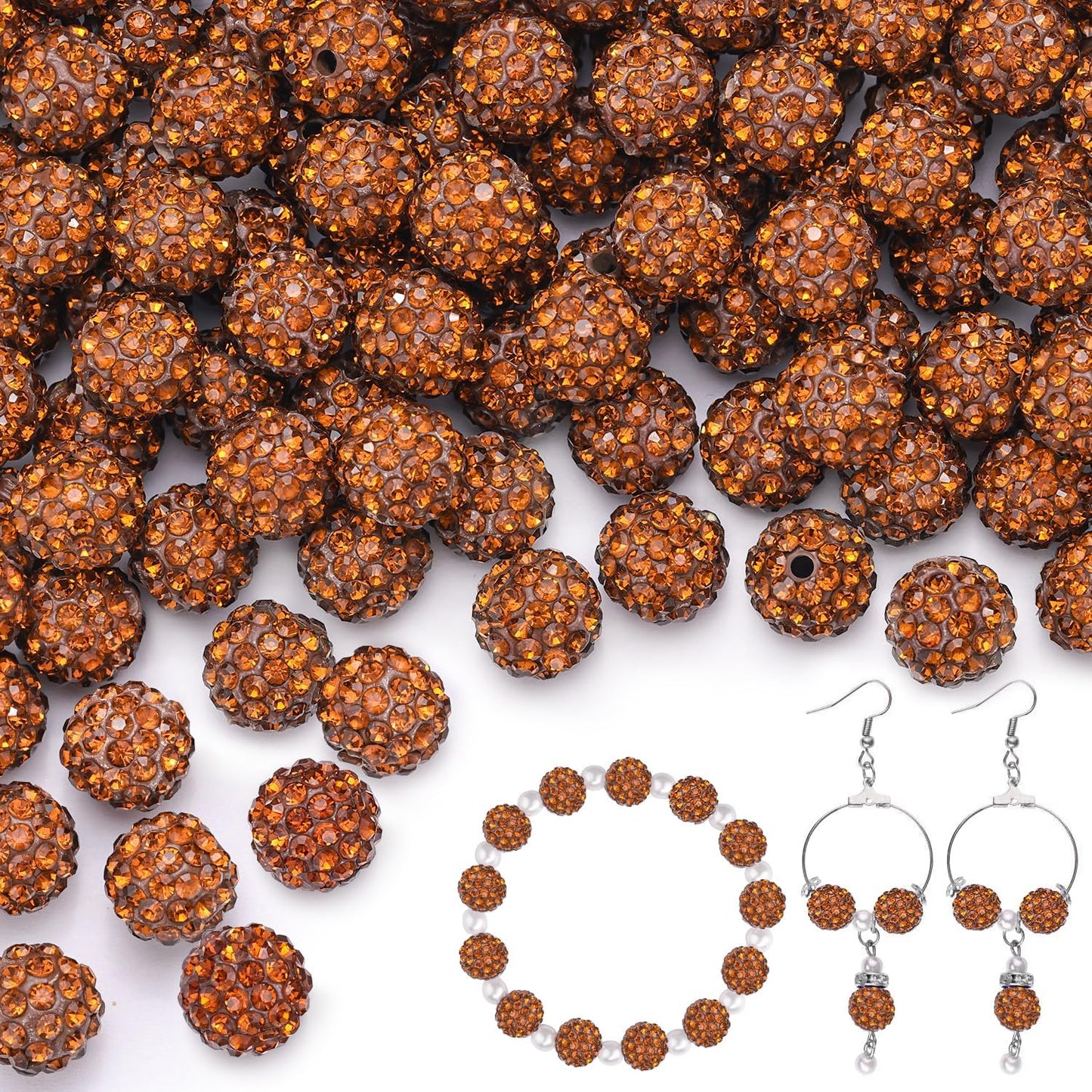 100 pcs 10mm Rhinestone Beads for Jewelry Making, Brown Shiny Round Shamballa Disco Beads Bulk, Sparkle Crystal Clay Christmas for Bracelet Baseball Necklace Earring Crafting and DIY