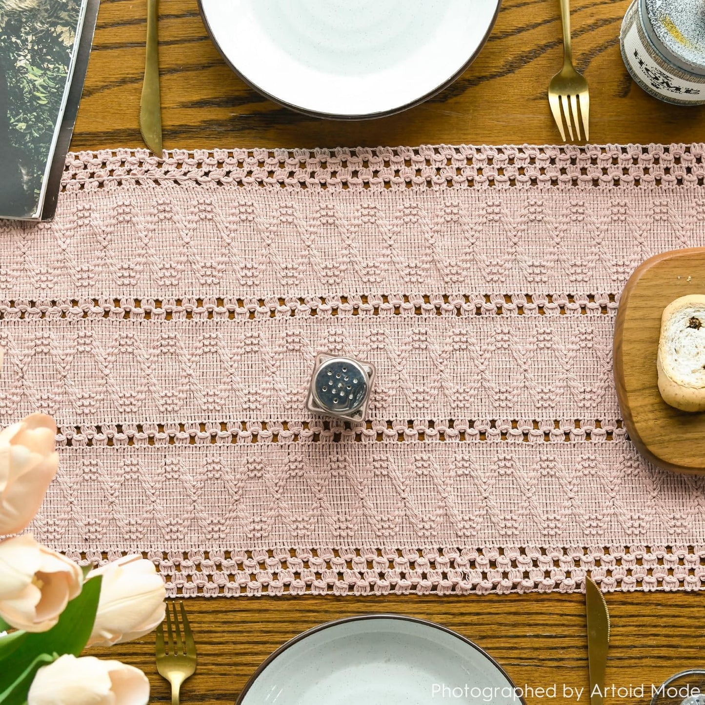 Artoid Mode Pink Farmhouse Woven Rustic Hollow Table Runner, Seasonal Holiday Hollow Kitchen Dining Table Decoration for Home Party Decor 12x60 Inch