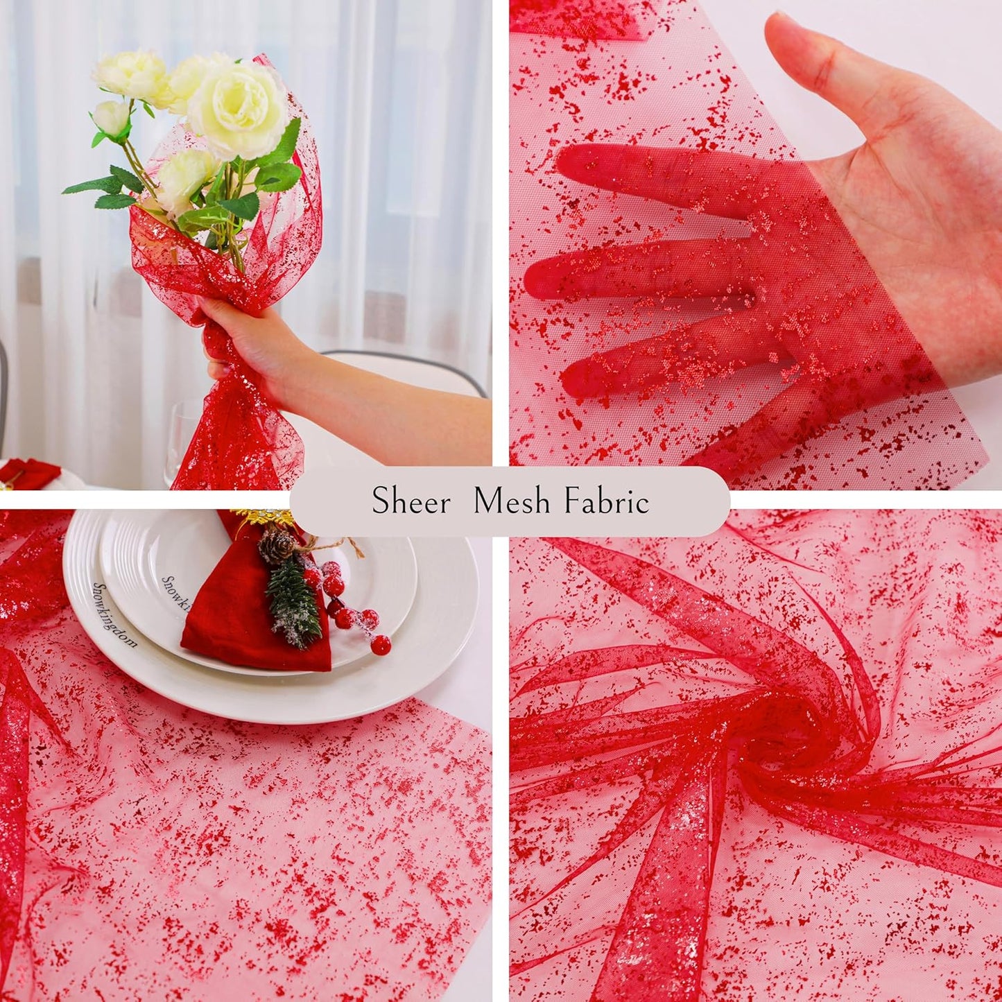 Snowkingdom Red Christmas Table Runner 10 FT, Glitter Metallic Foil Sheer Tulle Cheesecloth Gauze Runner 120 Inch, Red Table Centerpieces Decoration for Wedding Birthday Party Holiday