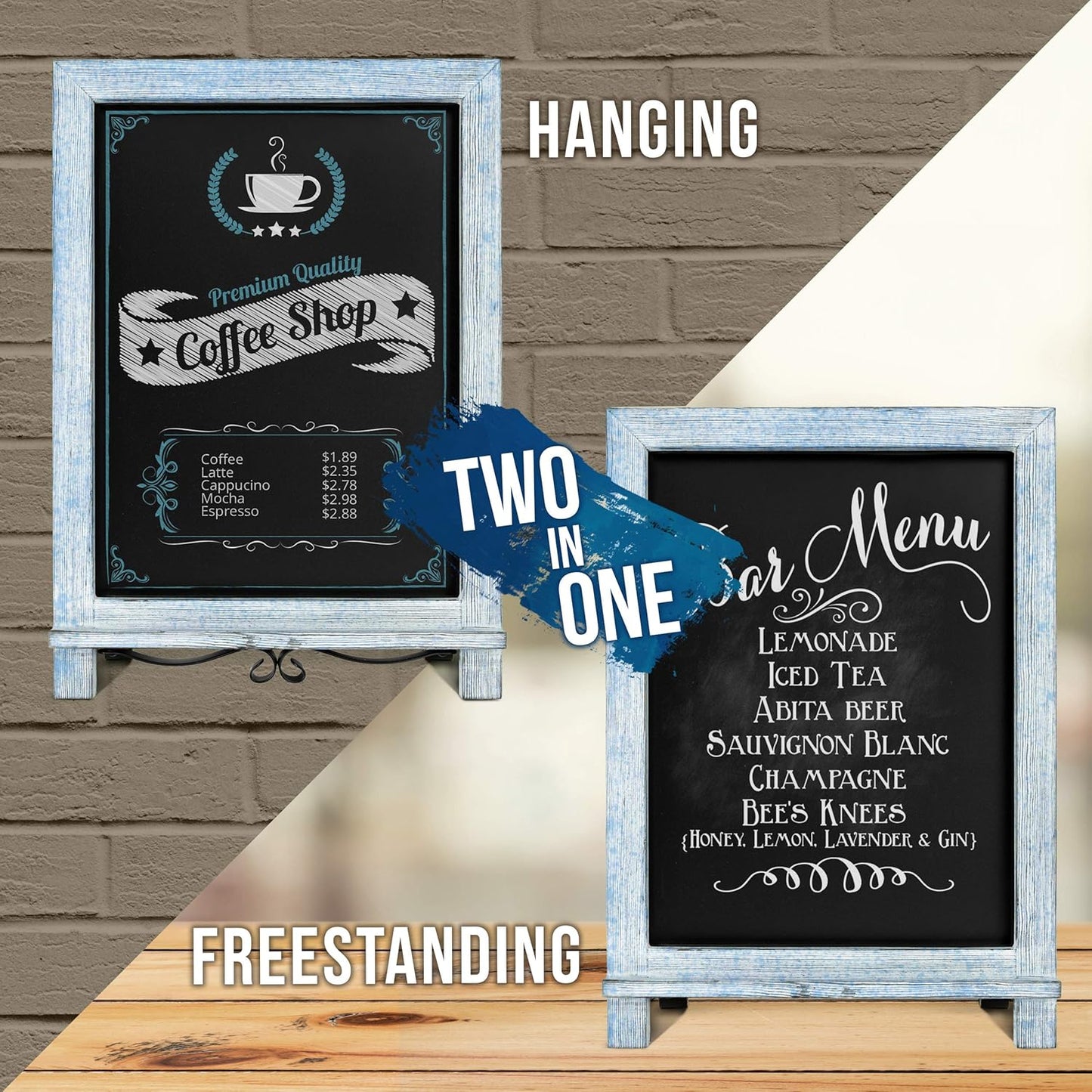 HBCY Creations Rustic Blue & White Tabletop Chalkboard with Legs/Vintage Wedding Table Sign/Small Kitchen Countertop Memo Board/Antique Wooden Frame (12" x 17", 5- Rustic Blue)
