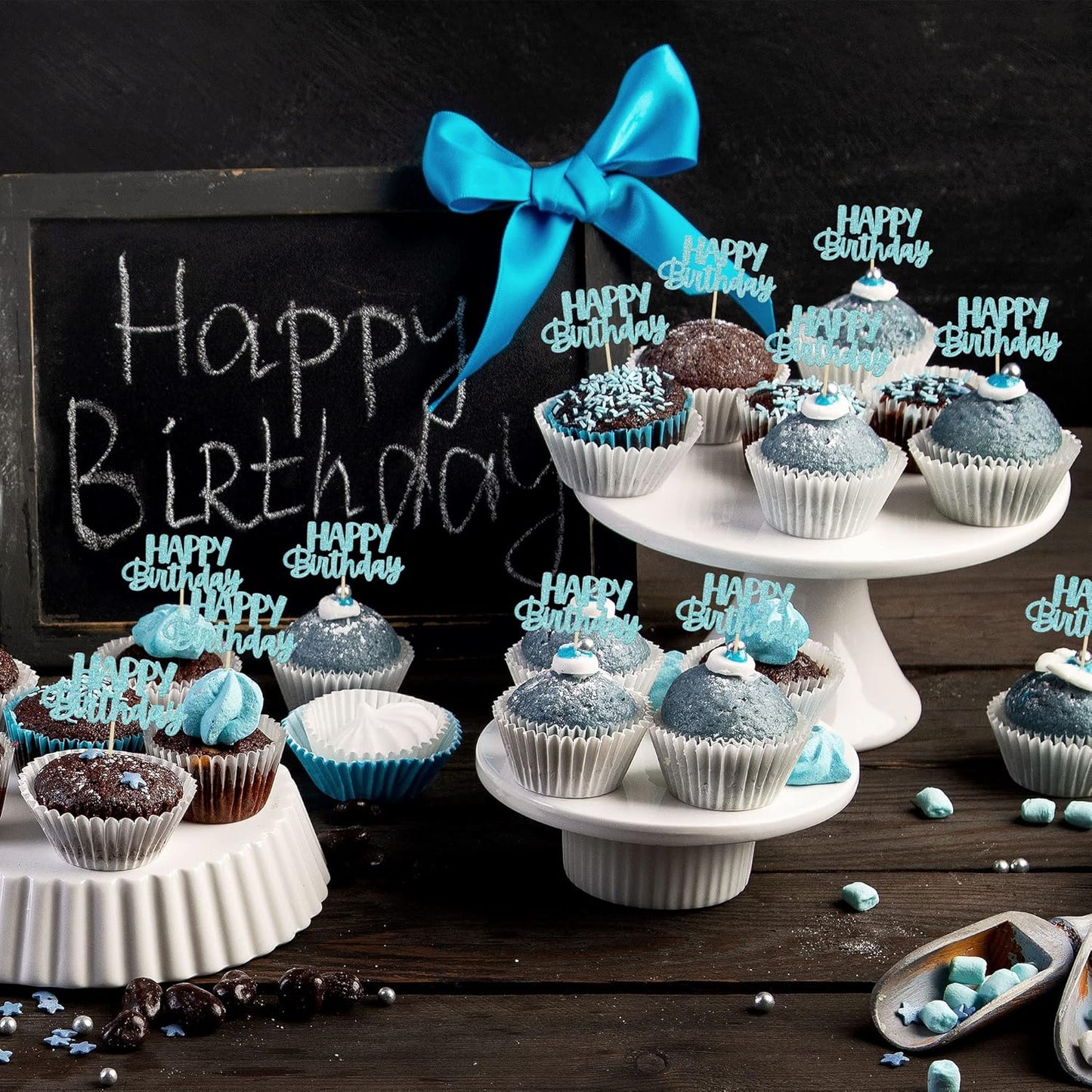 Gyufise 24Pcs Happy Birthday Cupcake Toppers Glitter Birthday Cupcake Food Picks for Celebrating Happy Birthday Party Cake Decorations Supplies Light Blue