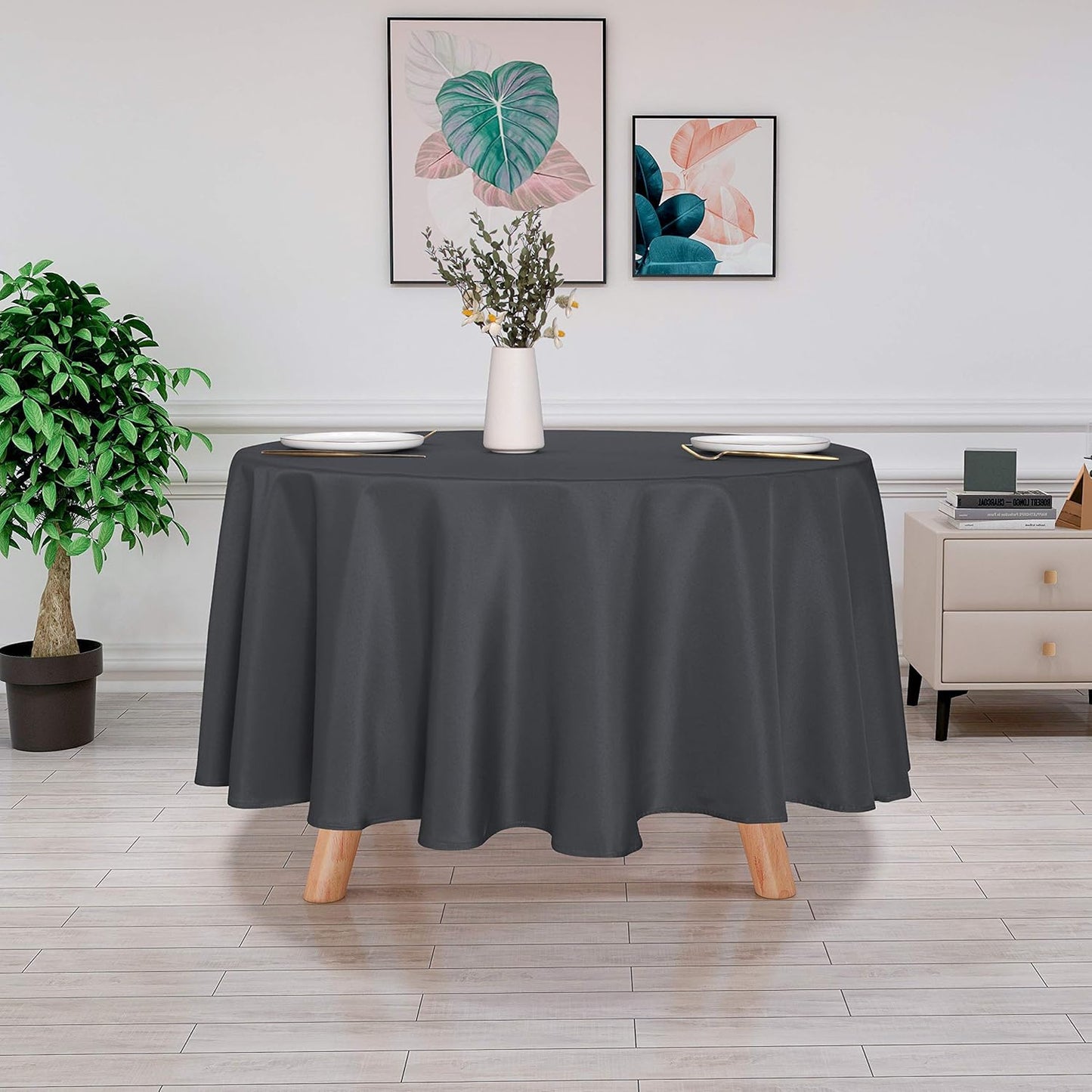 sancua Round Tablecloth - 90 Inch - Water Resistant Spill Proof Washable Polyester Table Cloth Decorative Fabric Table Cover for Dining Tables, Buffet Parties and Camping, Grey