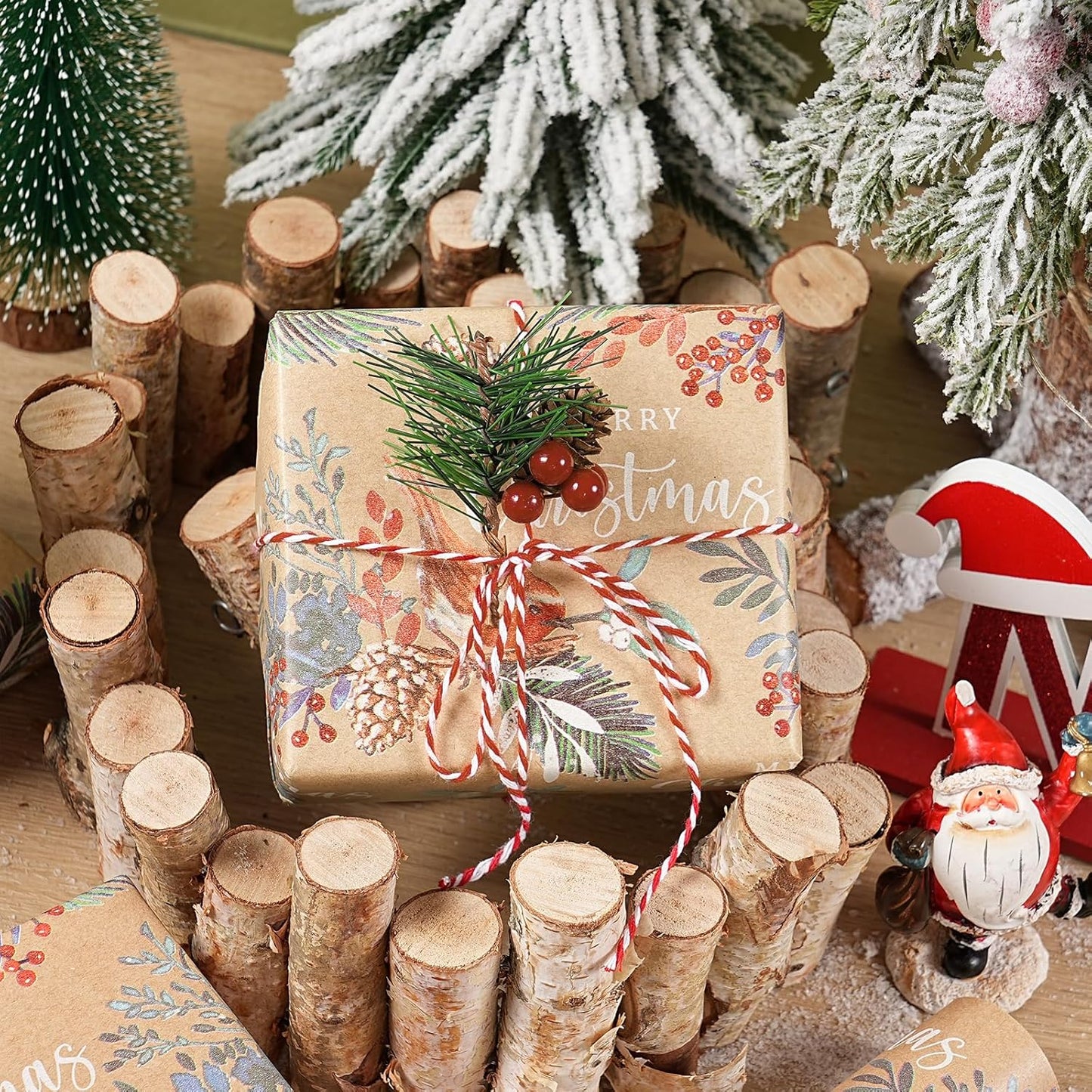 RUSPEPA Kraft Christmas Wrapping Paper Roll, Mini Roll, Vintage Bird on Pine Branch Design with Merry Christmas, Natural Scene Gift Wrap for Women, Friends, Family, Xmas Gifts, 17 Inches x 16.4 Feet