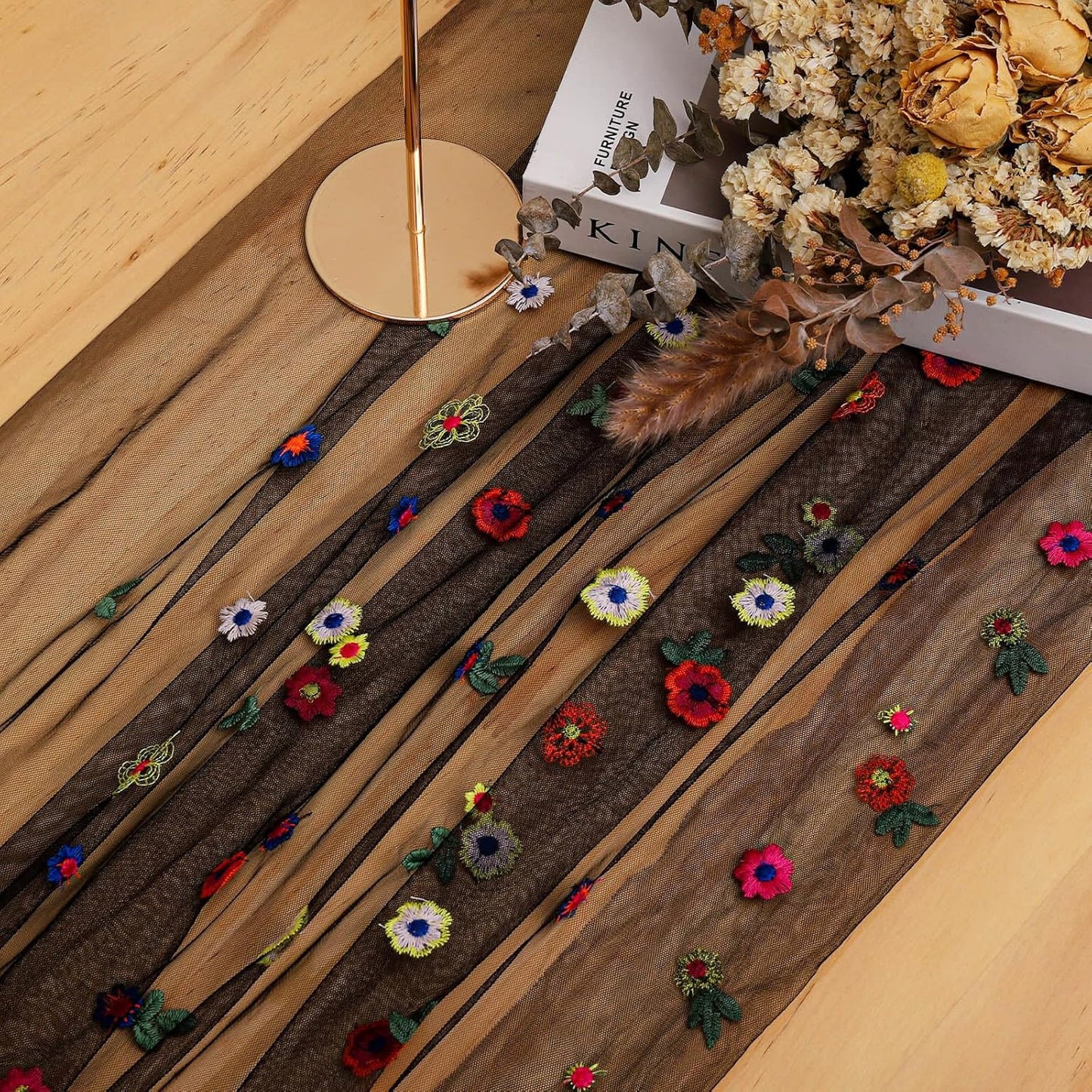 BINBE 1pcs Black Daisy Fall Table Runner Embroidery Gauze 10FT Florals Seasonal Tulle Holiday Birthday Kitchen Dining Table Decor for Home Party