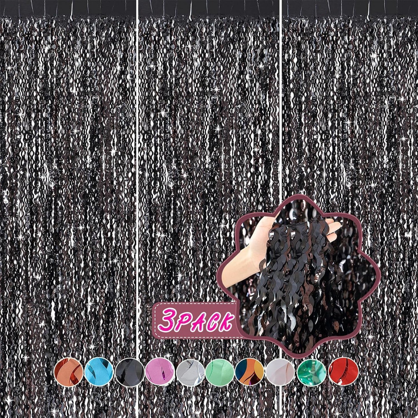 3 Pack New Years Decorations Wavy Black Tinsel Foil Fringe Curtains Party Backdrop 3.3 x 6.6 ft Streamer Backdrop Tinsel Curtains for Birthday, Graduation, Fiesta, Halloween Party Decor