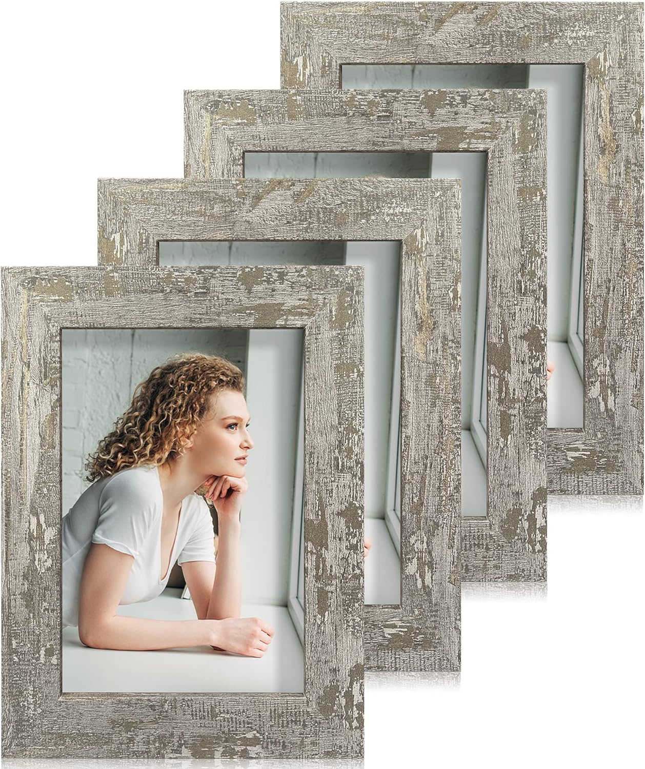 4x6 Picture Frame set of 4, High Definition Glass Distressed Moss Green Frame, 4 x 6 Wood Photo Frames for Desktop Display and Wall Mounting