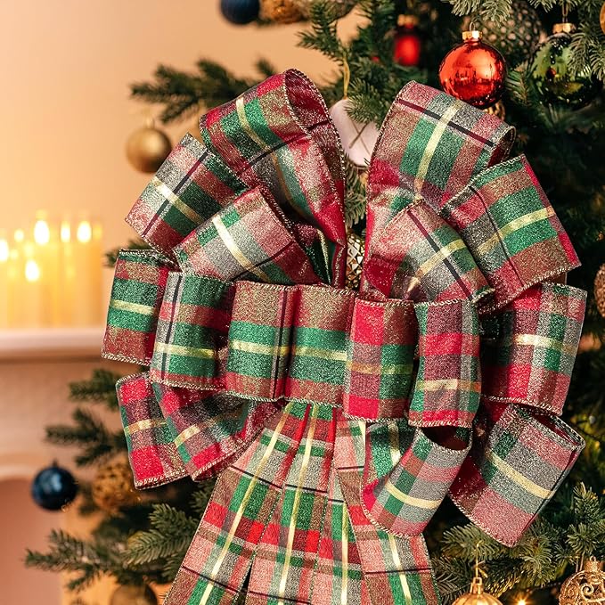 WRAPAHOLIC Large Christmas Tree Topper Bow - 13 x 52 Inch Classic Plaid Glitter Christmas Tree Topper Ribbon Bow Wreath Bows with Wired Edge for Xmas Ornament Indoor Outdoor Decoration