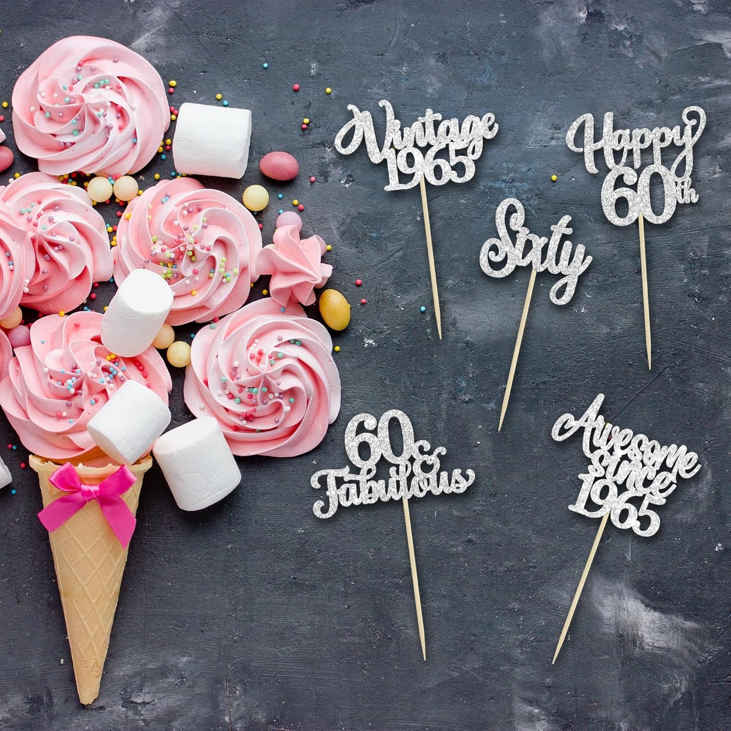 30Pcs Happy 60th Birthday Cupcake Toppers Glitter Sixty Vintage 1965 Cupcake Picks Cheers to 60 Fabulous Cake Decorations for 60th Birthday Wedding Anniversary Party Supplies Silver