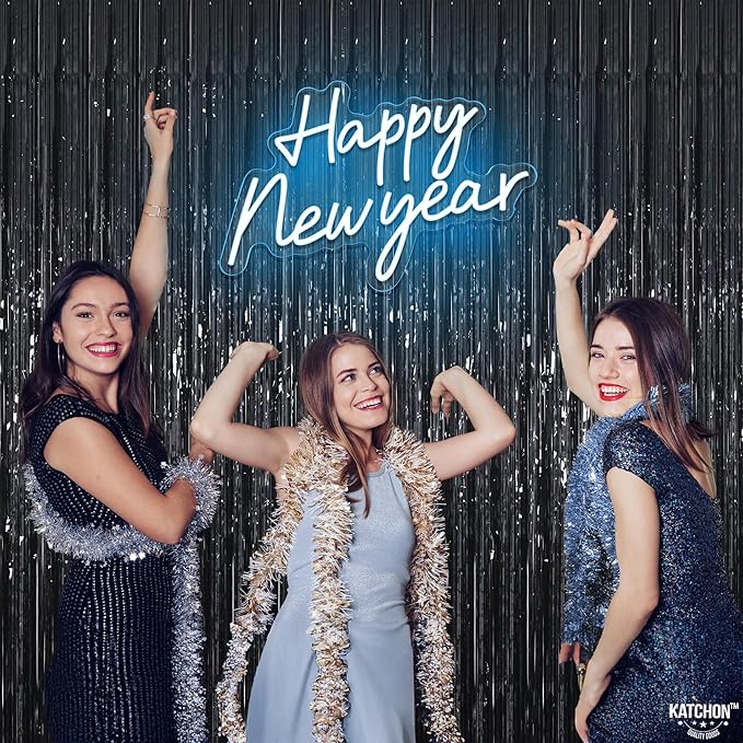 KatchOn XtraLarge Black Streamers - 3.2x8 Feet, Pack of 2 | Fringe Backdrop for Black Party Decorations | Tinsel Backdrop for Birthday, Bachelorette, Anniversary | Black streamers party decorations