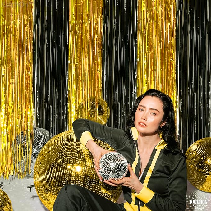 KatchOn, Xtralarge Black and Gold Streamers - 8x3.2 Feet, Pack of 2 | Black and Gold Fringe Curtain for Black and Gold Party Decorations | Black and Gold Backdrop, Graduation Decorations 2024