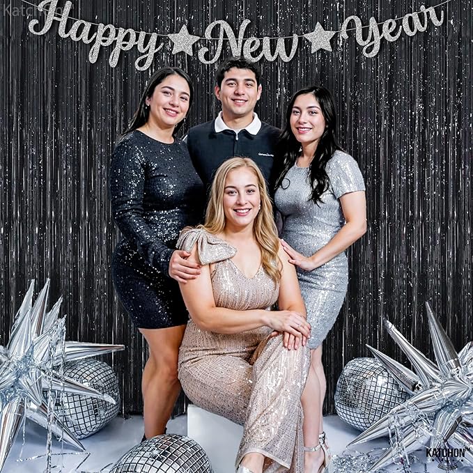 KatchOn XtraLarge Black Streamers - 3.2x8 Feet, Pack of 2 | Fringe Backdrop for Black Party Decorations | Tinsel Backdrop for Birthday, Bachelorette, Anniversary | Black streamers party decorations