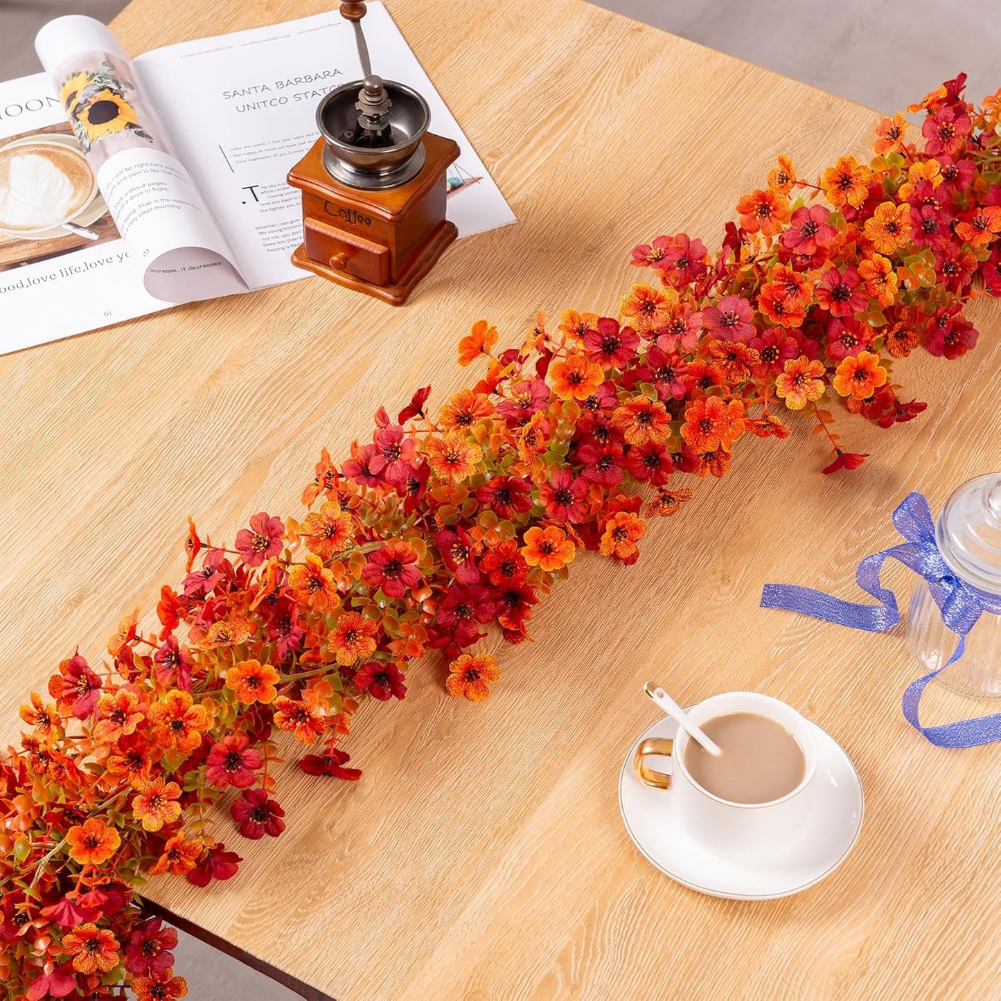 Fall Mums Flowers Artificial Garland for Decoration, 4 Pack 5.9 FT Faux Mums with Eucalyptus Leaves Ivy, UV Resistant Fake Fall Daisy Floral Vine Flowers for Home Garden Wedding Backdrop Decor