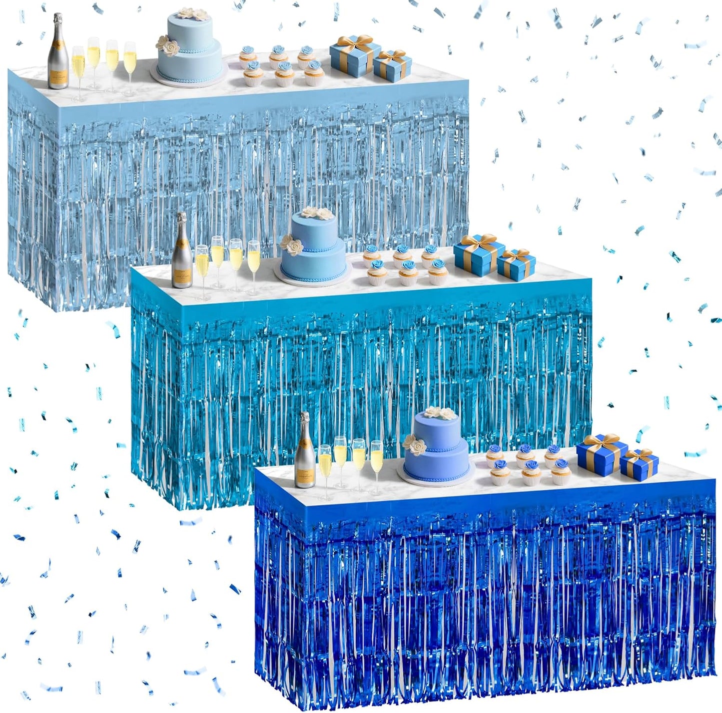 3 Pack Blue Series Table Skirts, 29x108" Metallic Foil Tinsel Fringe Table Skirt for Rectangle Tables Streamer Curtains Backdrop, Party Decorations for Birthdays, Weddings, Holidays