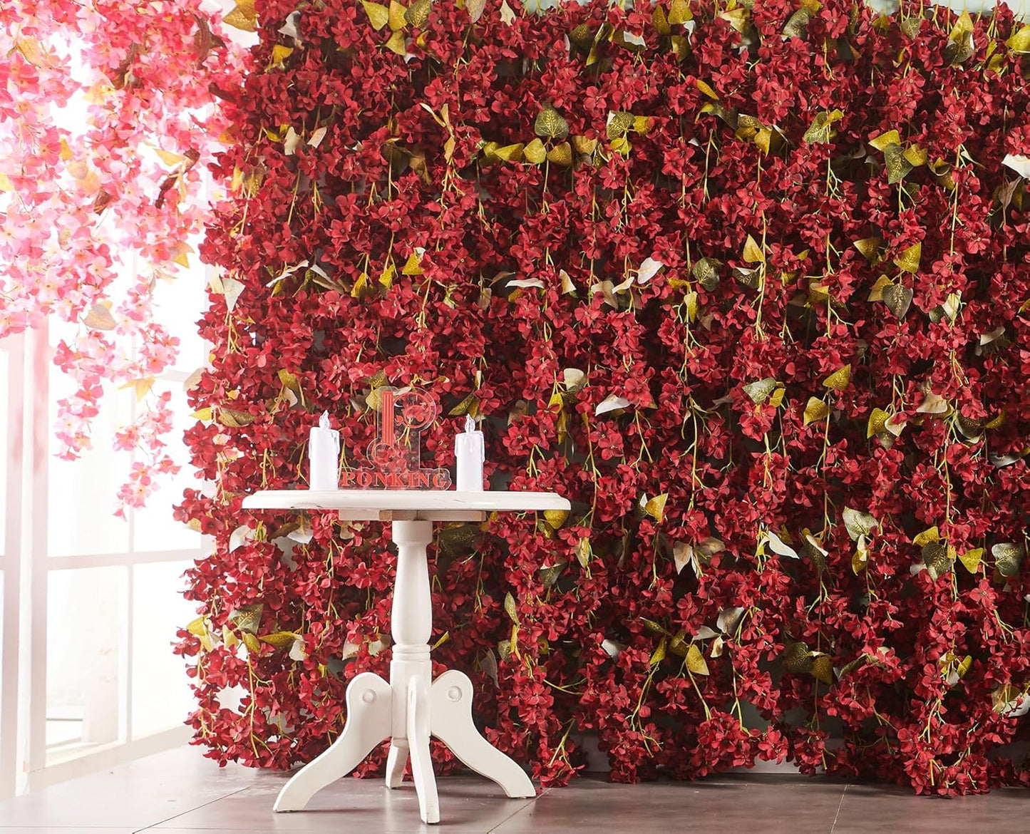 Flower Garland, Artificial Hydrangea Vine Flowers, Hanging Fake Hydrangeas Vine for Room Anniversary Wedding Birthday Christmas Wall Arch Decor, 2 Pcs, Floral Garland, Red Flower