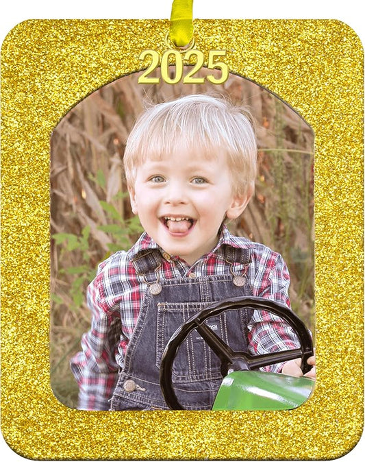 2025 Photo Ornaments for Christmas Tree, Sparkly Glitter Christmas Frame Ornament, Easy-Load Magnetic Design, Includes Satin Ribbon, Gold Charm & Photo Protector, Vertical, Gold