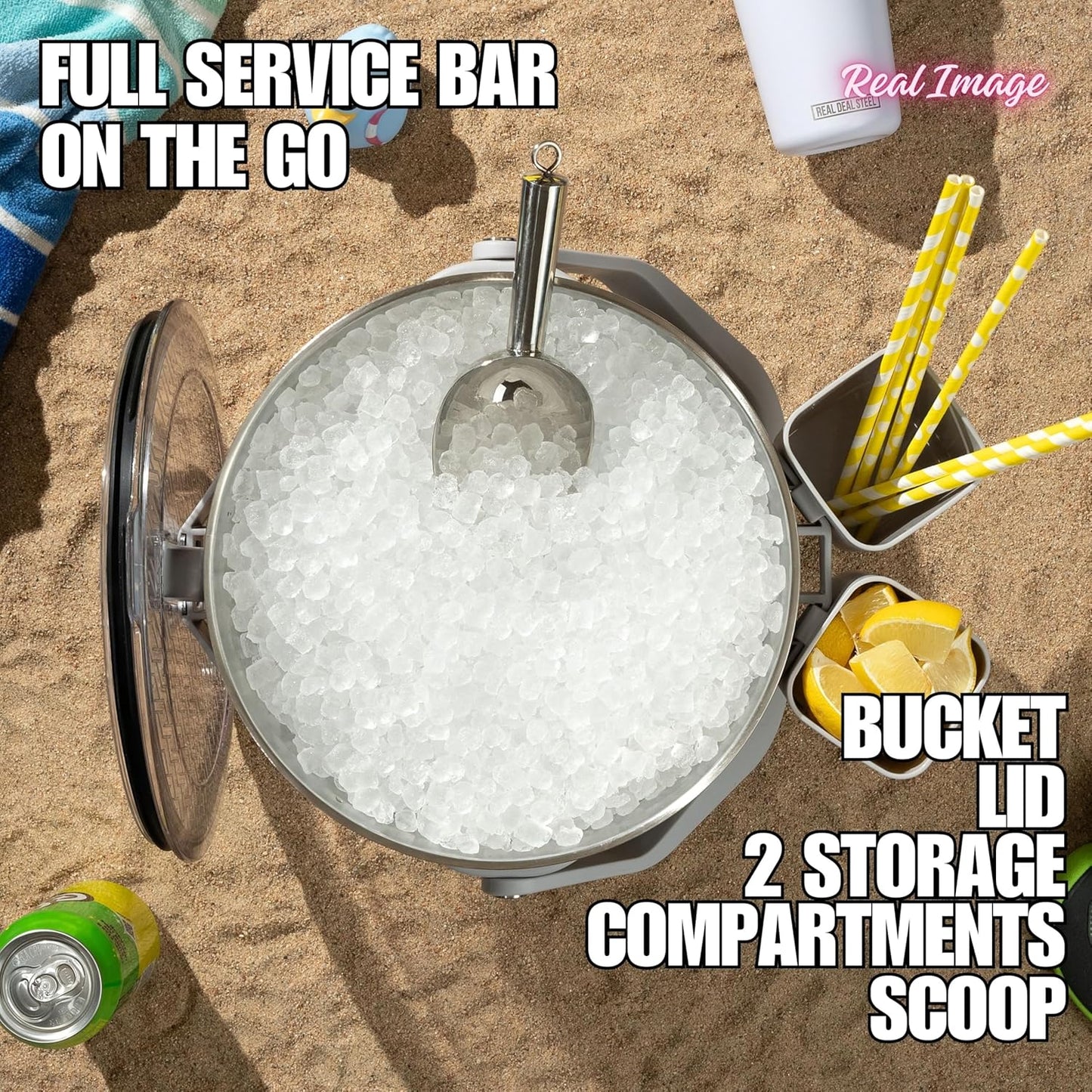 Large Insulated Ice Bucket with Lid – Stainless Steel Ice Bucket and Scoop – Ice Buckets for Parties, Bars – Ice Bucket with Lid and Scoop – Outdoor Ice Bucket, Champagne (White)