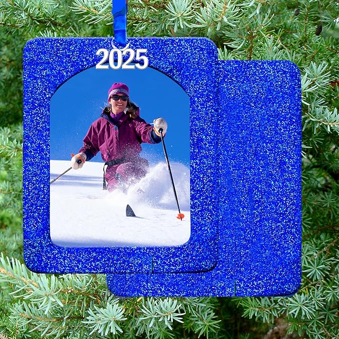 2025 Photo Ornaments for Christmas Tree, Sparkly Glitter Christmas Frame Ornament, Easy-Load Magnetic Design, Includes Satin Ribbon, Silver Charm & Photo Protector, Vertical, Blue