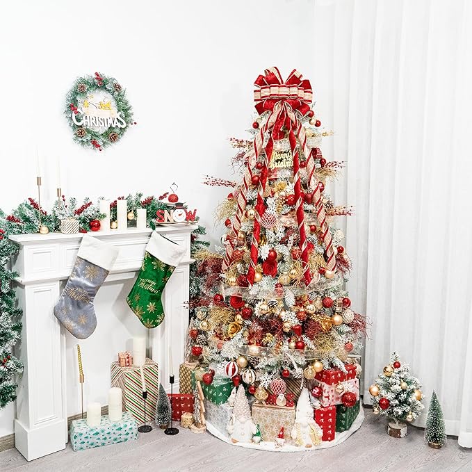 Christmas Tree Topper Bow，53 x 13 Inches Velvet Large Christmas Bow Decor with Long Glittering Streamer Line，Xmas Decorations for Tree Wreath Door Festival Home(Red & Gold Line)