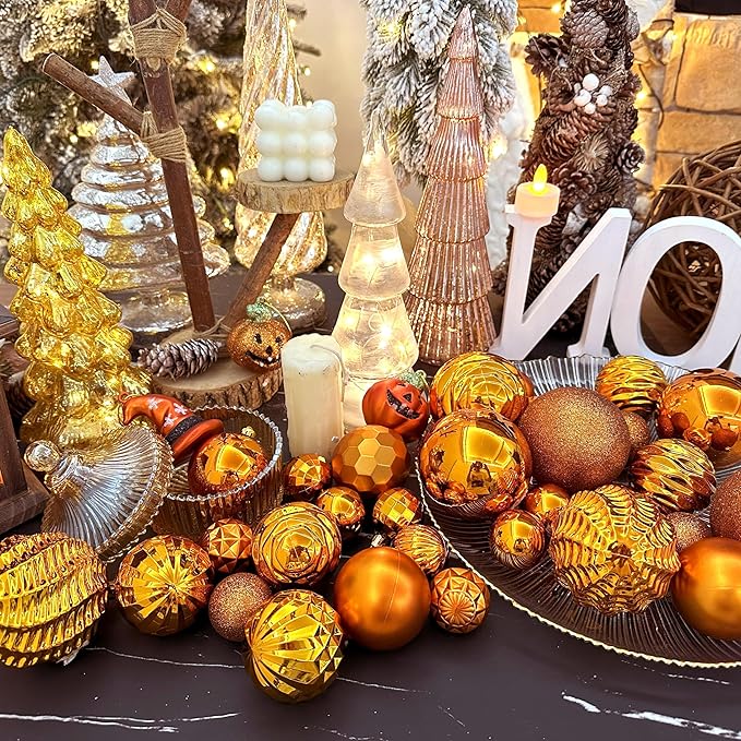 XmasExp 24ct Christmas Ball Ornaments Set Yellow Shatterproof Xmas Tree Hanging Decorations Perfect for Fall Thanksgiving Holiday Decor (Orange, 2.36")