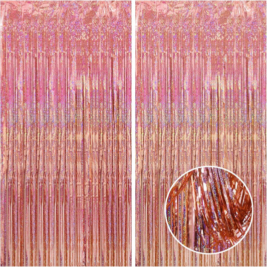 CANREVEL 2 Pack 3.3x8.2 Feet Rose Gold Foil Fringe Backdrop Curtains, Glitter Tinsel Streamers Birthday Party Decorations, Fringe Backdrop for Bachelorette Bride to Be Birthday Girls Streamers Party