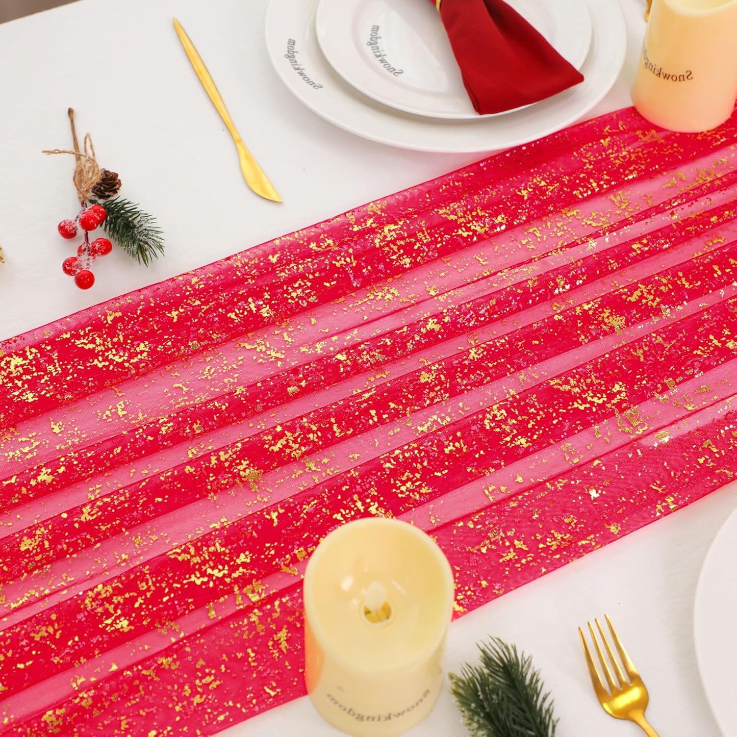 Snowkingdom 10FT Red Gold Table Runner, Sequin Glitter Sheer Chiffon Gauze Cheesecloth Runner 120 Inch, Red and Gold Party Decorations for Wedding Anniversary Birthday Graduation Christmas Holiday