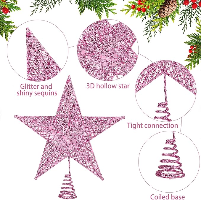 Fovths Christmas Tree Topper 8 Inches Metal Glittered Christmas Tree Topper Wire Star Treetop Sparkle Xmas Decoration for Christmas Tree Ornament Indoor New Year Holiday Party Supplies (Pink)