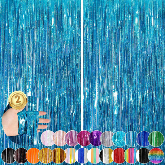2Pack 3.3x8.3Ft Blue Foil Fringe Streamers Curtain Metallic Foil Tinsel Fringe Door Streamers for Birthday Wedding Xmas Party Photo Iridescent Blue Streamers Ocean Summer Party Decors Streamers