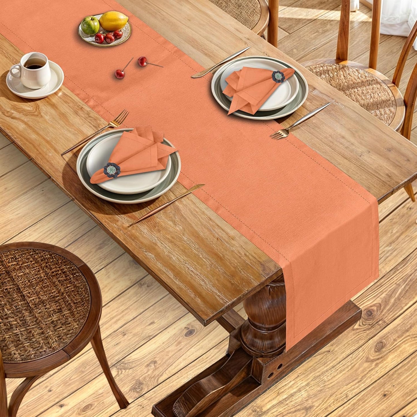 Ruvanti Linen Table Runner 120 Inches, Classic Hemstitch, Washable, Reusable, Non-Slipping, Stain Resistant- Perfect for Parties, Weddings, Dinners, Thanksgiving, Christmas, Indoor use – Orange