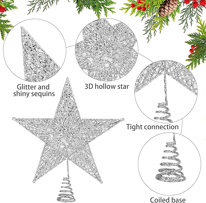 Fovths Christmas Tree Topper 6 Inches Metal Glittered Christmas Tree Topper Wire Star Treetop Sparkle Xmas Decoration for Christmas Tree Ornament Indoor New Year Holiday Party Supplies (Silver)
