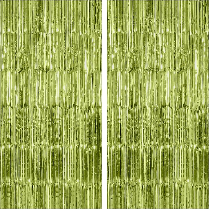 KatchOn, XtraLarge Sage Green Foil Fringe Curtain - 3.2x8 Ft, Pack of 2 | Sage Green Backdrop for Wild One Birthday Decorations | Streamer Backdrops for Jungle, Safari, Dinosaur Party Decorations