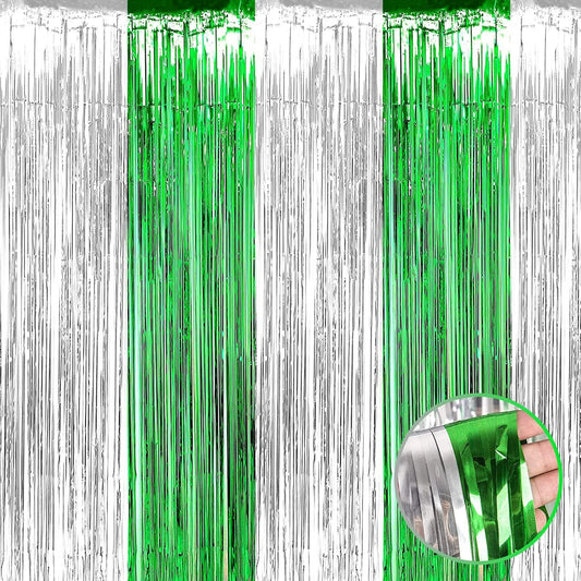4 Pack Foil Fringe Curtain Backdrop, 3.28Ft x 8.2Ft Metallic Tinsel Foil Fringe Streamers Curtain for Photo Booth, Wedding, Mardi Gras Birthday Carnival St Patrick Day Party Decoration (Silver Green)