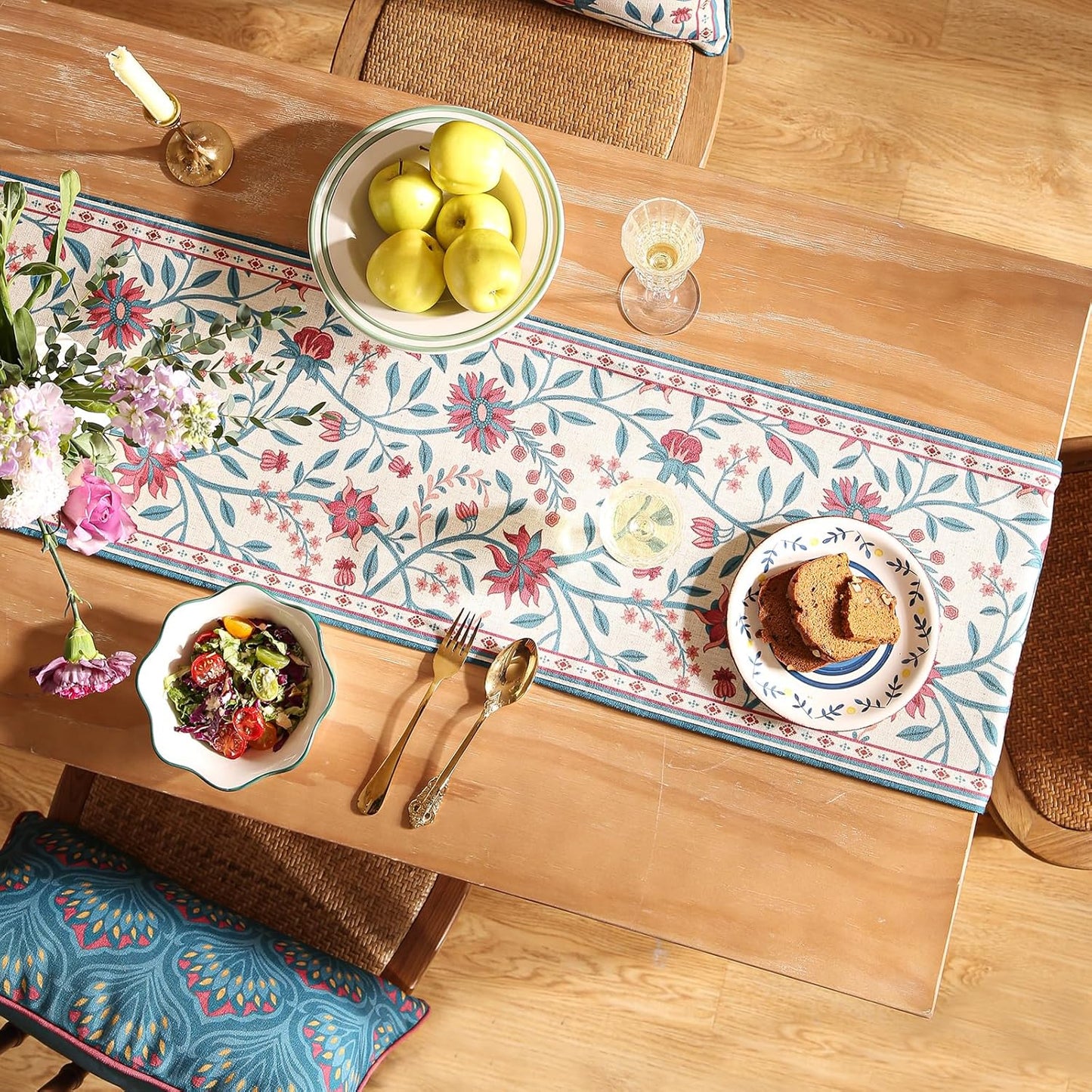 Farmhouse Berry Red Floral Cloth Runner for Coffee Table,71 Inches Long Linen French Table Runners,Decor Tabletop for Kitchen,Dining,Tea Party,Home,Christmas,12"*71"