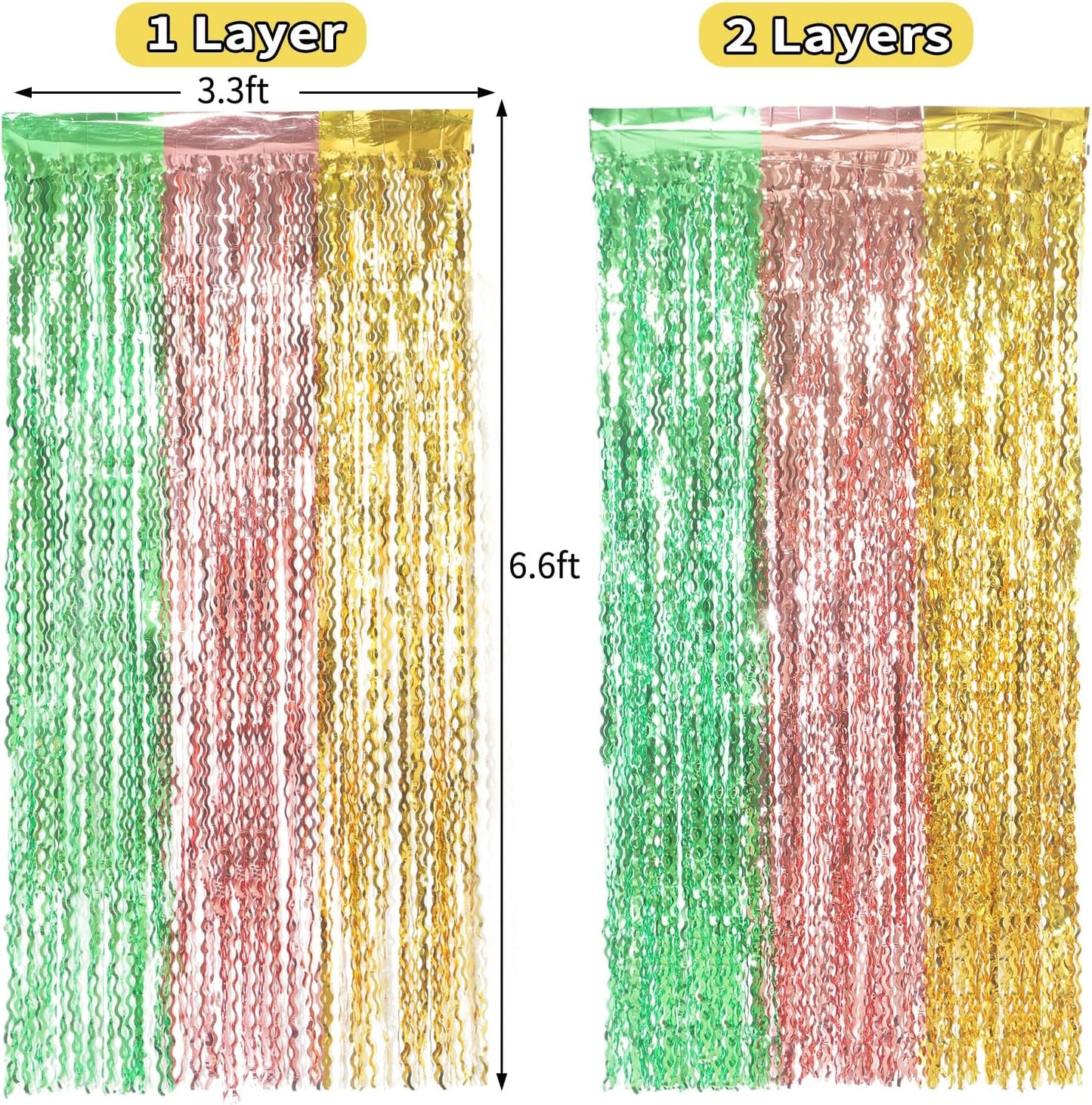 3 Pack Gold Green and Rose Gold Foil Curtain Party Decorations - 3.3x6.6fr Tinsel Streamers for Hawaiian Summer Tropical Beach Luau Themed Party Photo Booth Props Backdrop