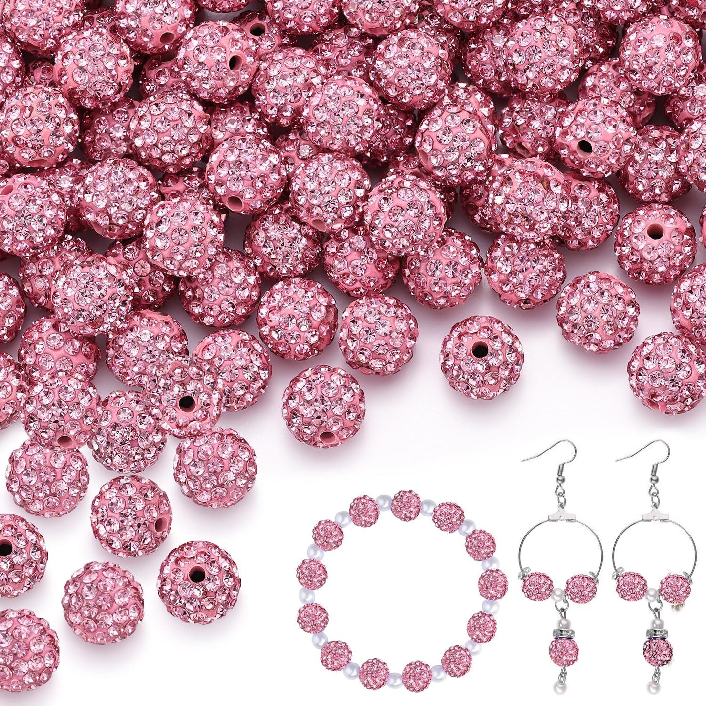 200pcs 10mm Pink Rhinestone Beads for Jewelry Making, Shiny Round Shamballa Disco Ball Beads Bulk, Sparkle Crystal Clay Christmas for Bracelet Baseball Necklace Earring Crafting and DIY