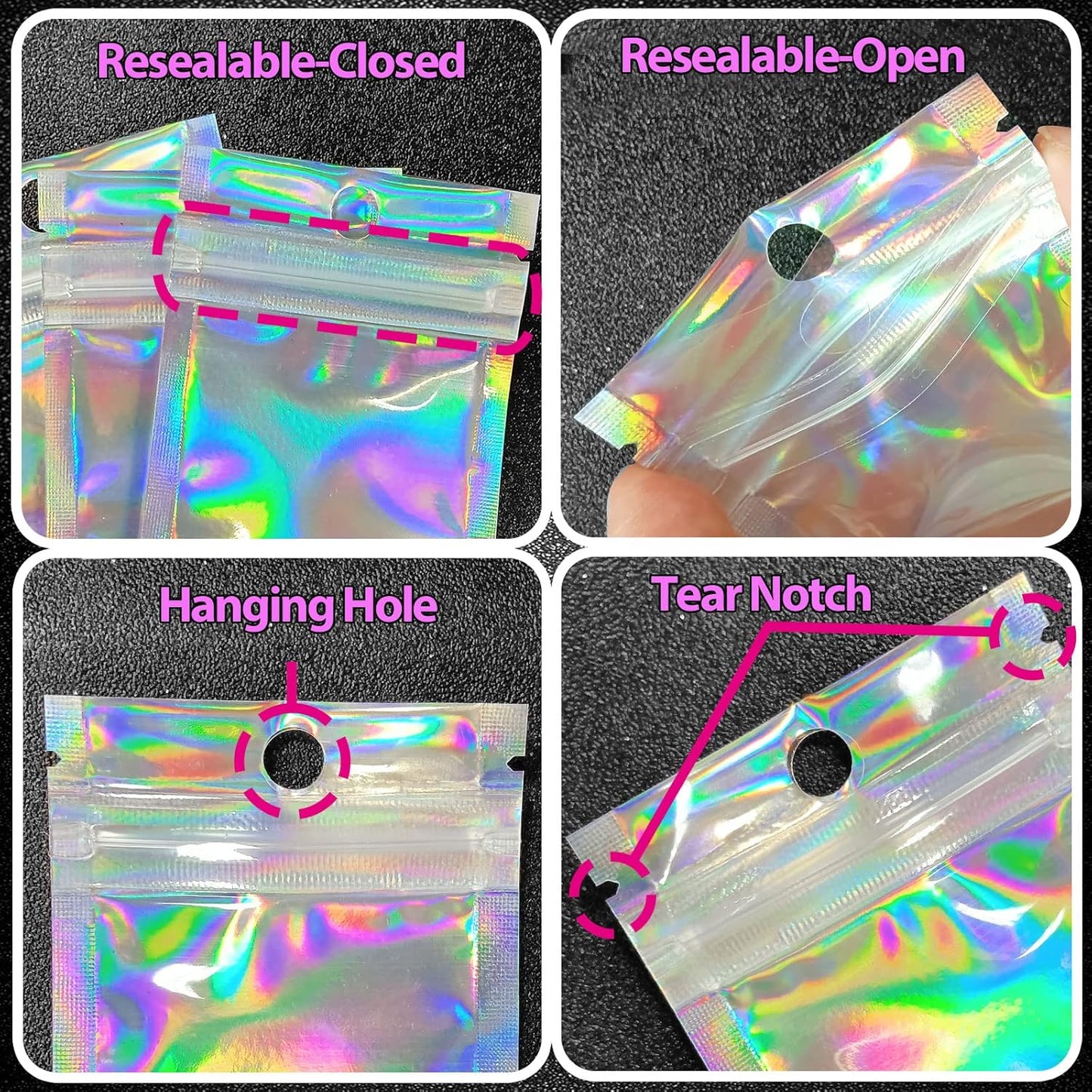 Smell Proof Bags & Resealable Foil Pouch Bag [100 PCS ] Great for Party Favor Food Storage (Holographic Color, 2.4x5.9")