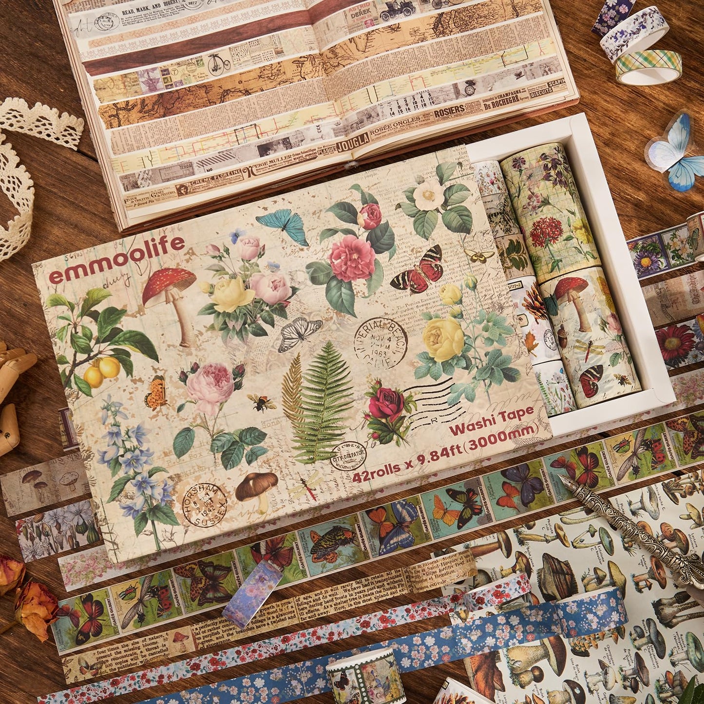 42 Rolls Vintage Washi Tape Set, Floral Letter Butterfly Mushroom Botanical Flower Writable Decorative Tapes for Scrapbooking , Junk Journal Supplies, Bullet Journaling 5-75mm Wide 9.84ft long/Roll