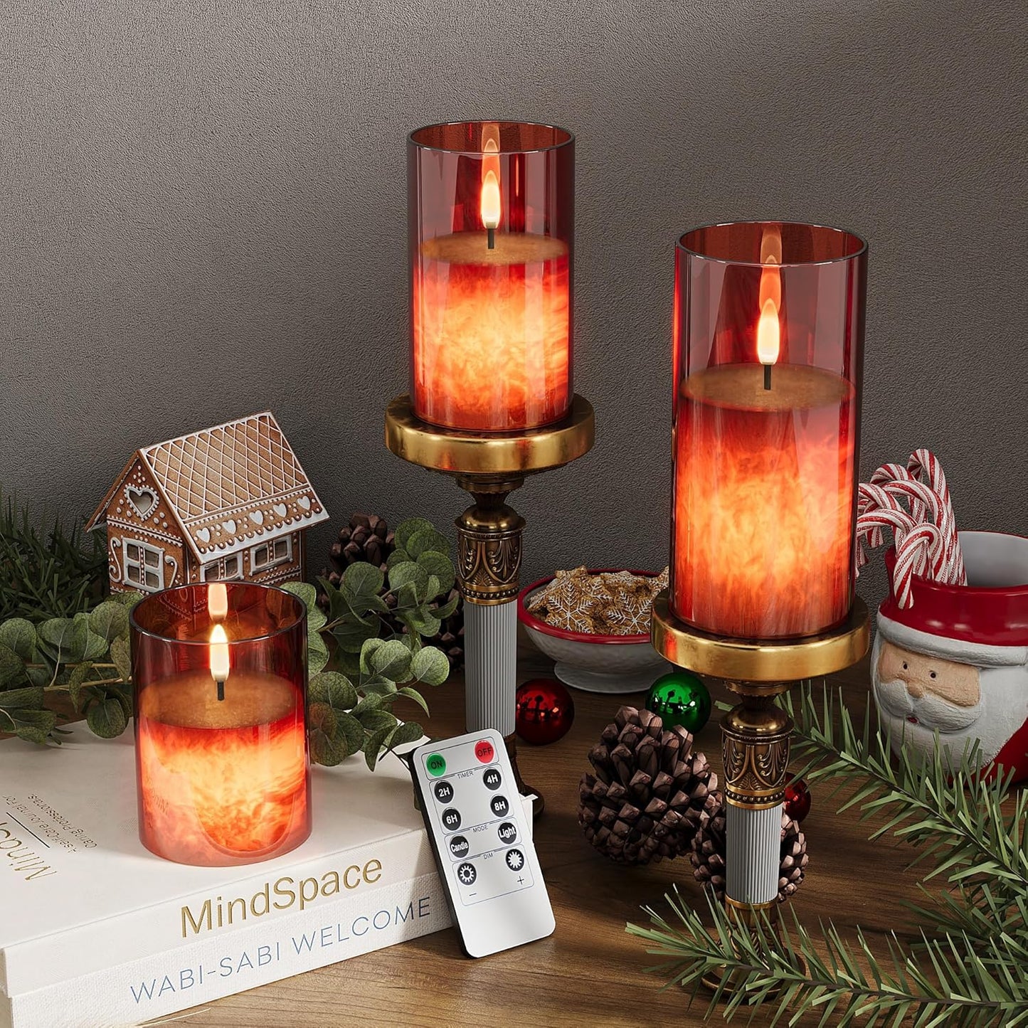 Ice Crystal Real Wax Glass Flameless Candles with Remote & Timer, Battery Operated Candles with Warm Flickering Flame, Realistic LED Candle for Wedding Home Decor [D3×H4/5"/6"] Red, 3Pack