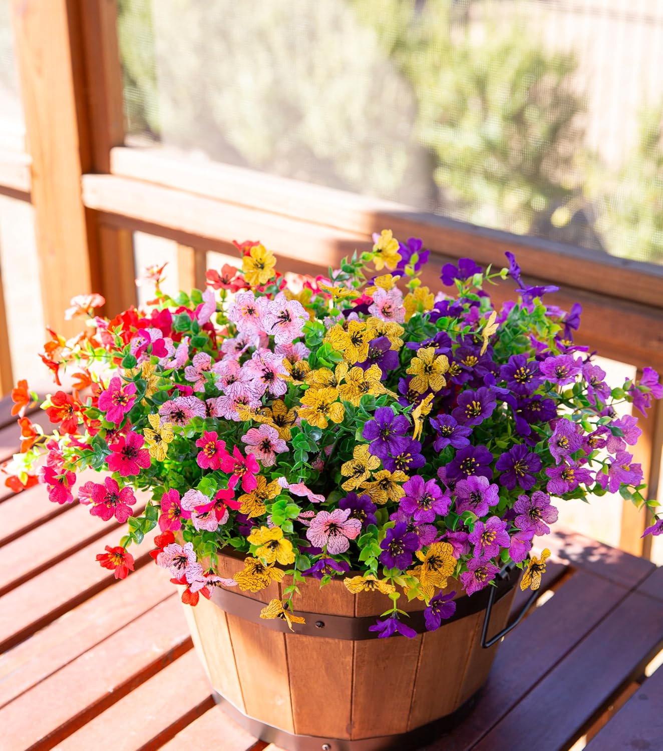 HyeFlora Artificial Flowers for Outdoor Indoor Garden Home Decoration, Faux Flower Daisy with Eucalyptus Leaves Fake Plants Greenery Boxwood Porch Patio, 12 Bundles (6 Multicolor)