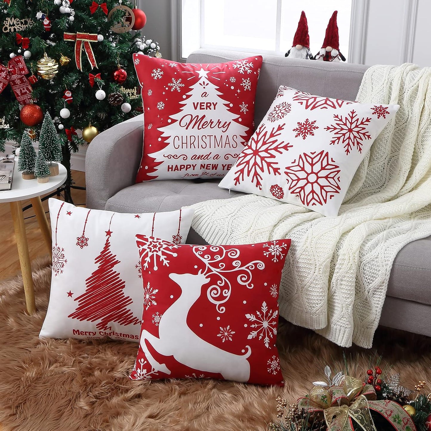 Christmas Pillow Covers 20x20 Set of 4 Farmhouse Christmas Tree Throw Pillow Case Snowflake Reindeer Decoration for Winter Holiday Decor Throw Cushion Case for Home Sofa Couch, Red and White