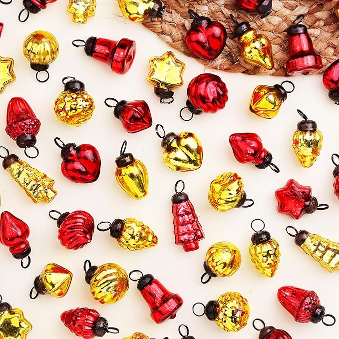 IndianShelf 50 Pieces Red & Gold Glass Vintage Christmas Ornaments Mini Bulk Decorative Ornaments for Halloween, Christmas Tree, New Year, Valentine Day, Holidays, Event and Wedding (25 * 2 Boxes)