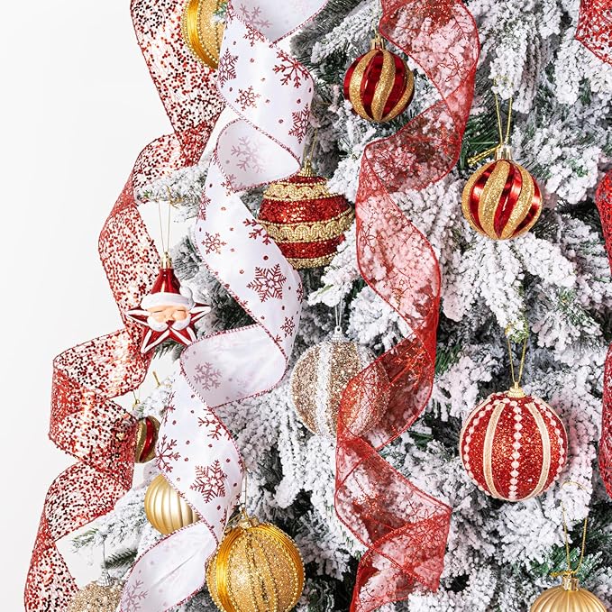 Red and White Glitter Christmas Tree Topper Bow 11 Inch with 6 Ribbon Tails 3 Yards Long Wired Ribbon for Holiday Easy Style Party Decoration