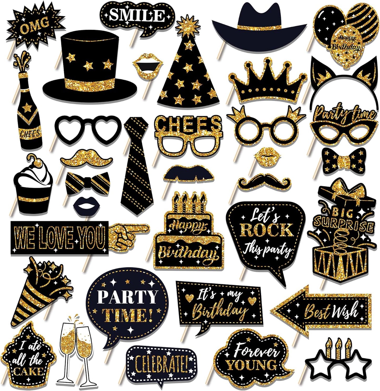 36 PCS Birthday Photo Booth Props Party Supplies Holiday Picture Decorations Photo Booth Props for Birthday Party Favors Pose Sign Kit Fun for Party (Black and Gold)