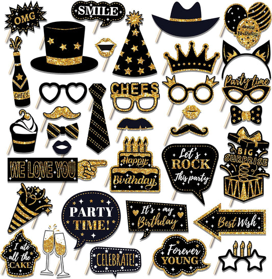36 PCS Birthday Photo Booth Props Party Supplies Holiday Picture Decorations Photo Booth Props for Birthday Party Favors Pose Sign Kit Fun for Party (Black and Gold)