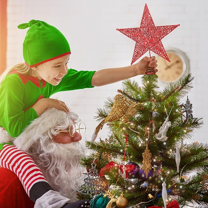 Fovths Christmas Tree Topper 8 Inches Metal Glittered Christmas Tree Topper Wire Star Treetop Sparkle Xmas Decoration for Christmas Tree Ornament Indoor New Year Holiday Party Supplies (Red)